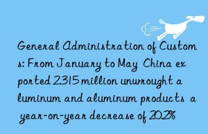 General Administration of Customs: From January to May  China exported 2.315 million unwrought aluminum and aluminum products  a year-on-year decrease of 20.2%