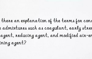 Is there an explanation of the terms for concrete admixtures such as coagulant, early strength agent, reducing agent, and modified air-entraining agent?